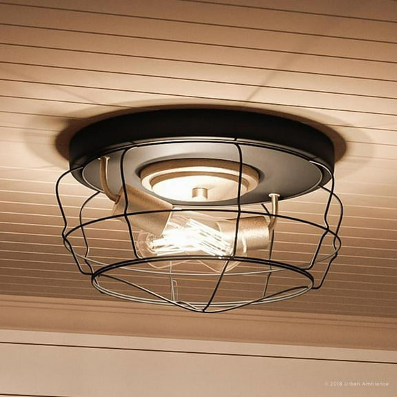 Urban Ambiance Luxury Urban Industrial Flush-Mount Ceiling Fixture, Size: 6-3/4"H x 14"W, with Vintage Electric Style Elements, Charcoal Finish, UHP2423