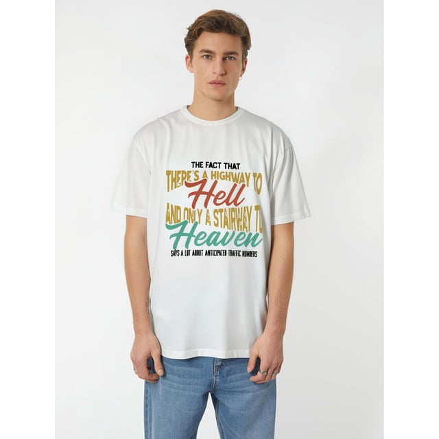 Men's 100% Cotton Graphic - 'Hell & Heaven' Print, Casual Round Neck T-Shirt, Machine Washable, Pattern Print Tee For Adult, Men, Women, Teen, Teenager, Adolescent, Youth