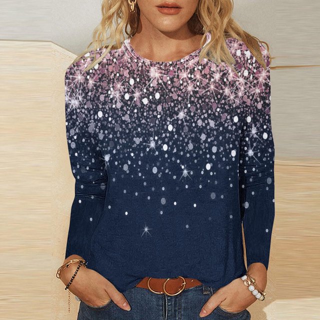 CFLVAEK T-Shirts à Paillettes pour Femmes Mode Scintillants T-Shirts Graphiques à Paillettes Décontractés Manches Longues Chemises de Fête Confortables Col Rond Vêtements de Boîte de Nuit 2025 L