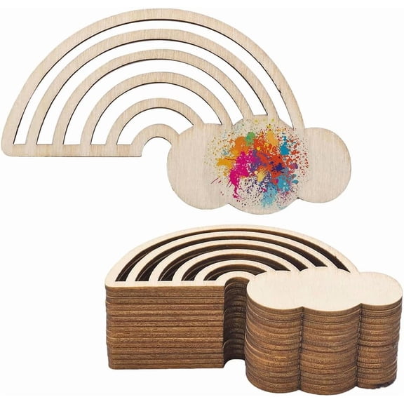 30PCS Rainbow Wood Cutout Unfinished Wooden Unfinished DIY Crafts Hanging Ornaments Cloud Discs Slices