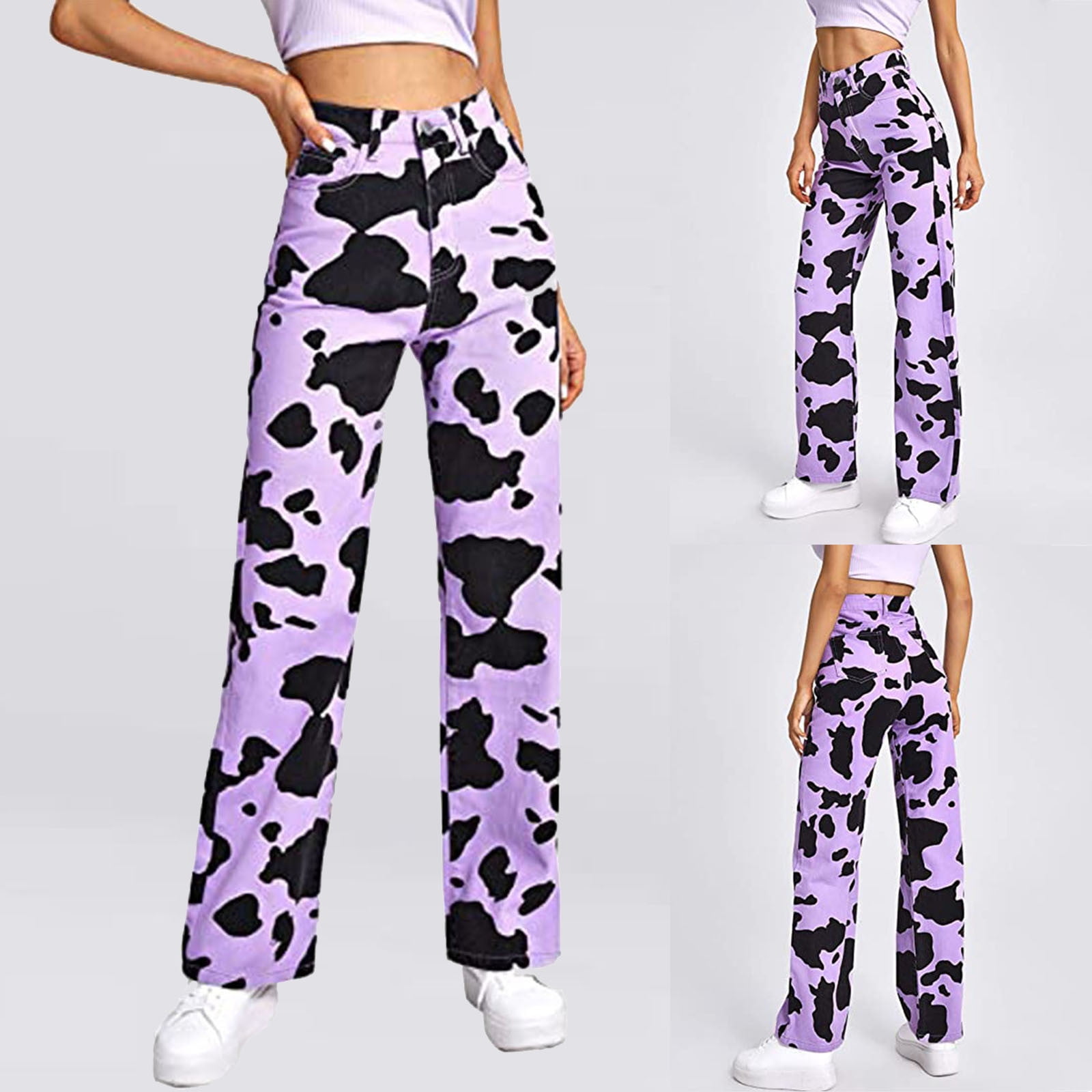 TANGNADE Fashion Women High Waist Loose Pocket Purple Cow Print Jeans Pants Wide Leg Pants -