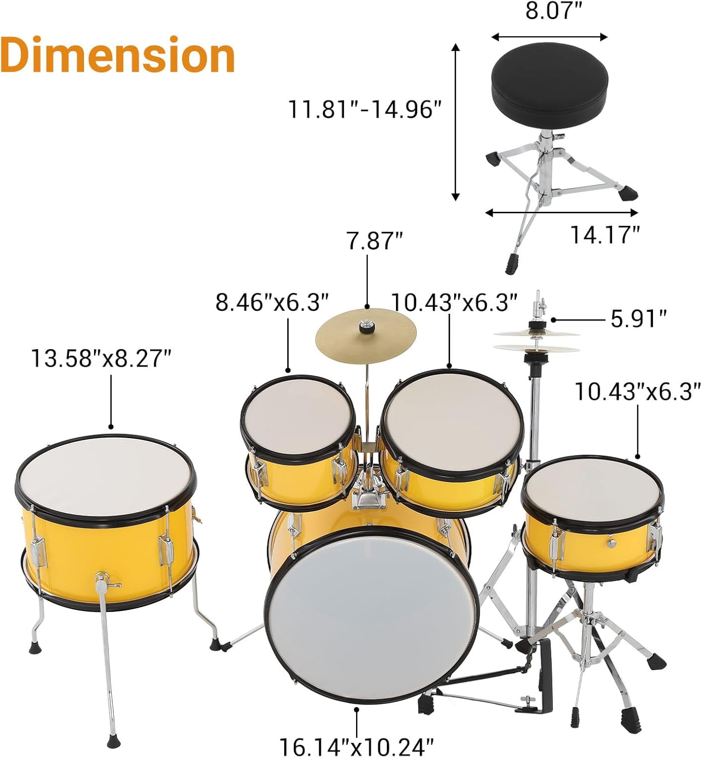TEQIN Kids Drum Set,Junior Drum Kit,Drum Set for Musical Instruments,Full 16in Youth Drum Set With Bass Drum,Tom, Snare Drum,Hi-Hat,Cymbal and Drum Pedal for Beginner,5-Piece for Beginners