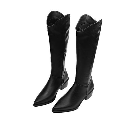 

Women Boots Shoes Pointed Toe Mid-heel High-top Knight Leather Boots