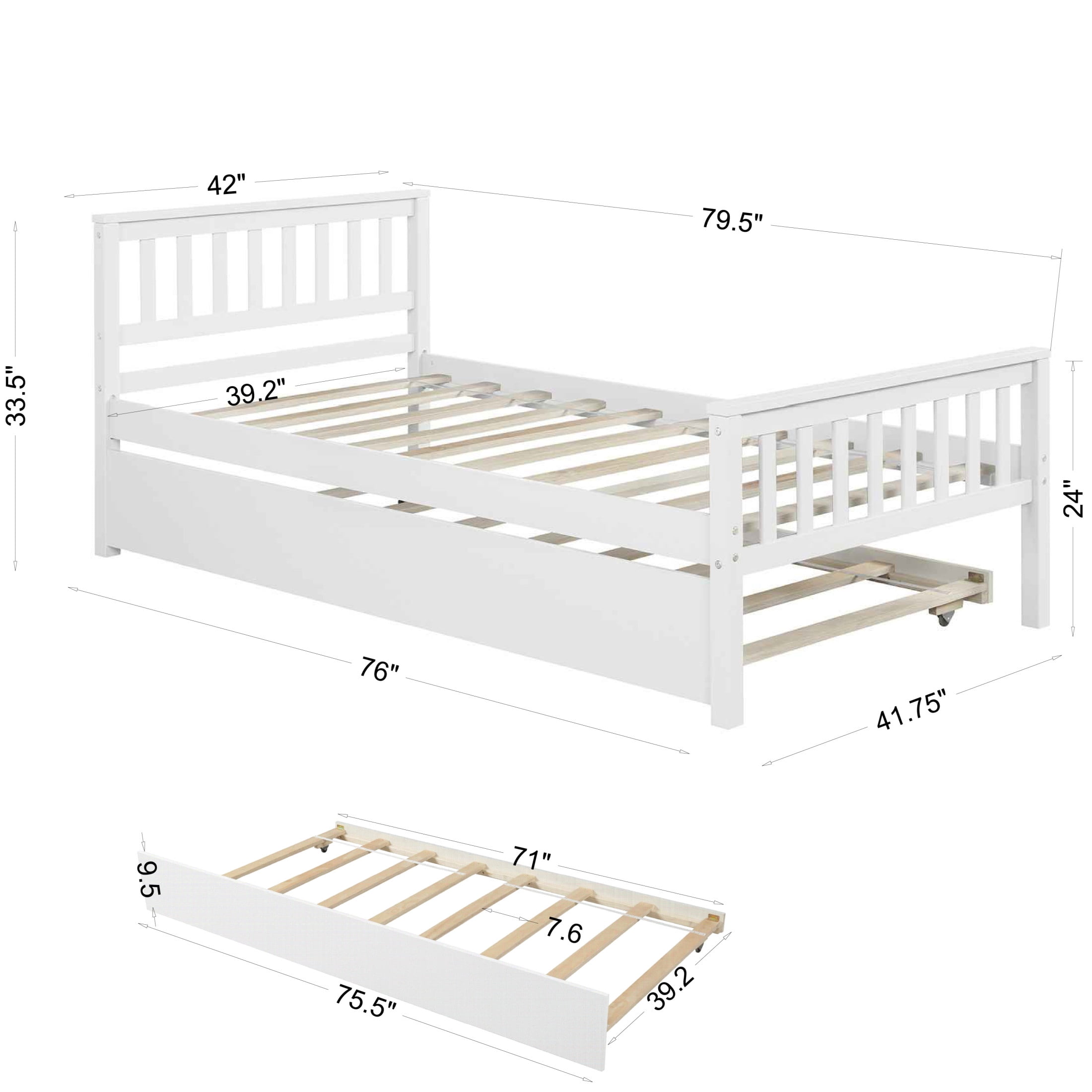 Noble House Kilby Twin Platform Bed with Pull-out Trundle, Hardside Pine Wood Bed Frame with Headboard, White