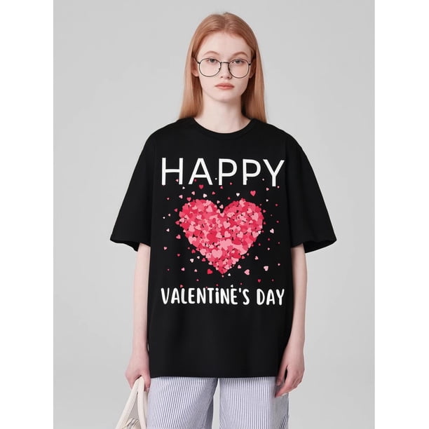 Valentine's Day Love Heart Tee, 100%cotton, Casual Round Neck Short Sleeve T-Shirt For All Seasons, Camisetas para mujer, lindas camisetas con estampado gráfico, de manga corta, estilo casual, para ve