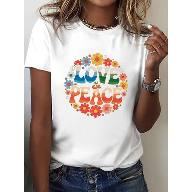 Love and Peace Graphic T-Shirt | Short Sleeve Crew Neck Casual Top with Peace Symbol, Medium Stretch Fabric, Suitable for Summer and Spring Everyday Wear, Opaque Material