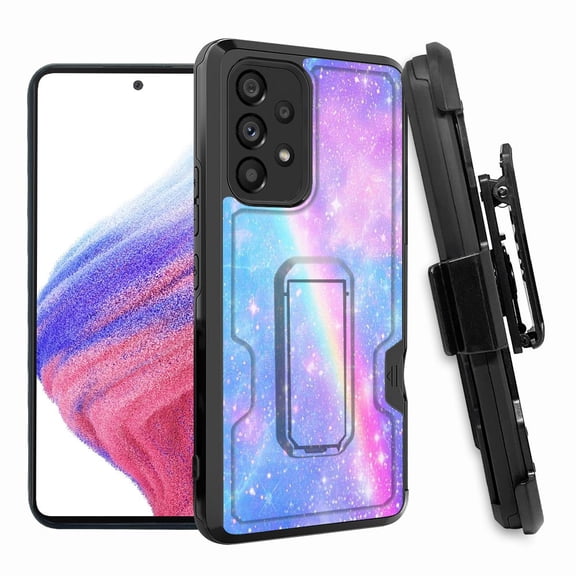 ANJ  Rugged Shockproof Hoster Case w/Card Slot, Kickstand   Tempered Glass Cover for Samsung Galaxy A33 5G - Dream Galaxy Rainbow