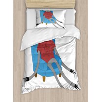 Sloth Duvet Cover Set, Urban Sloth T-Shirt with Inscription Who Cares Procrastination Laziness Idleness, Decorative 2 Piece Bedding Set with 1 Pillow Shams, Twin Size, Blue Grey Ruby, by Ambesonne