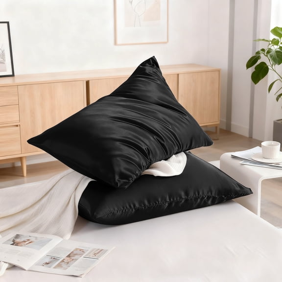 Lorviah 2 Pack Satin Pillowcases - Ultra Soft Cooling 20"x30" Pillow Cases for Hair & Skin, Hypoallergenic - Envelope Closure - Queen Size - Black