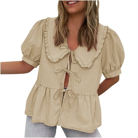 ZyeKqe Womens Striped Shirt Lace up Cute Babydoll Tops Puff Sleeve Blouse 2025 Summer Clothes