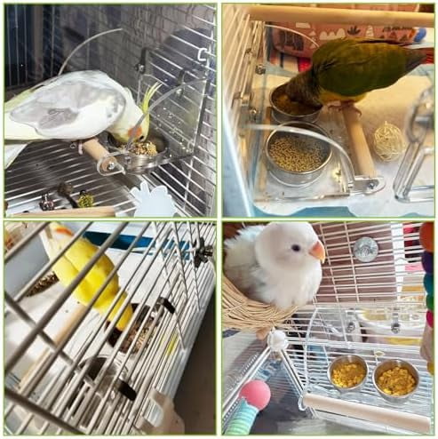 Bird Feeder for Cage with Double Stainless Steel Food & Water Bowls Anti-Slip Wood Perch Stand with No Mess Acrylic Seed Catcher for Parrot, Budgie, Parakeet, Lovebird, Canary, Finch,Conure