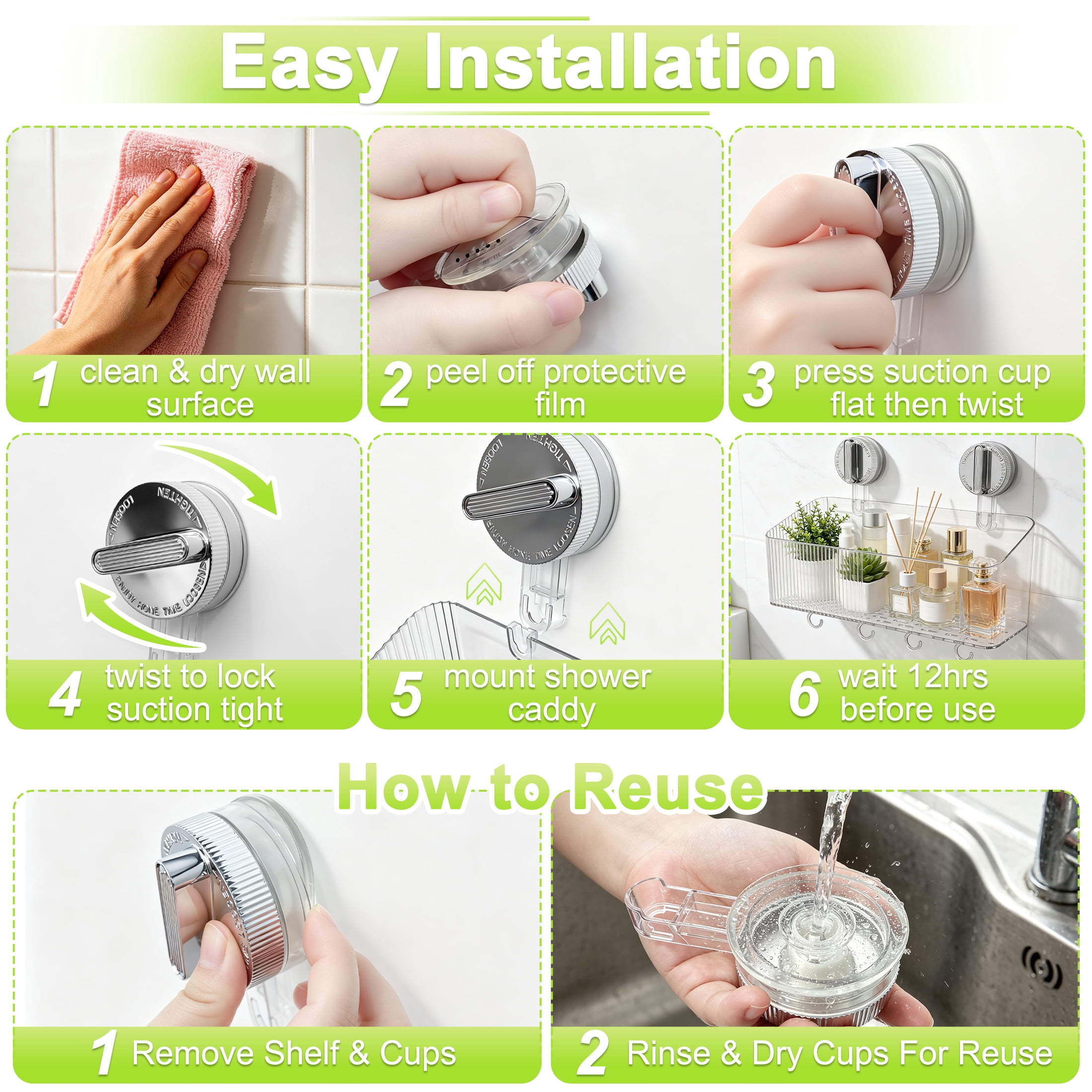 Suction Cup Shower Caddy, Clear Transparent Shower Shelf with Drainage Hole & Removable Hooks, No Drill Wall‑Mounted Bathroom Organizer for Bathroom, Kitchen, Toilet