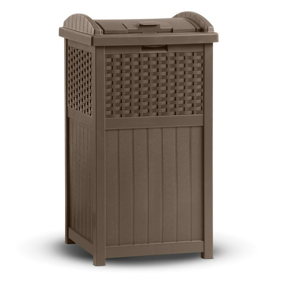 Suncast 33 Gallon Hideaway Wicker Trash Can for Outdoor Patio, Brown