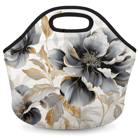 Herdesigns Marble Flower Neoprene Lunch Bag, Gray and Black Floral Insulated Lunch Box for Women Men Washable Lunch Tote Soft Lunch Container With Zipper for Work Picnic Travel