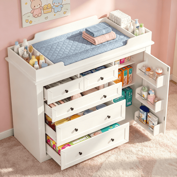 White Baby Changing Dresser with Large Changing Table Top, 5 Drawers & Side Door Storage Shelves, Modern Multi Storage Nursery Dresser, Adjustable Open Shelf Diaper Changing Station for Infant Kids