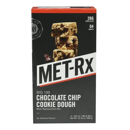 MET-Rx Big 100 Protein Bar, Chocolate Chip Cookie Dough, 28g Protein, 4 Ct