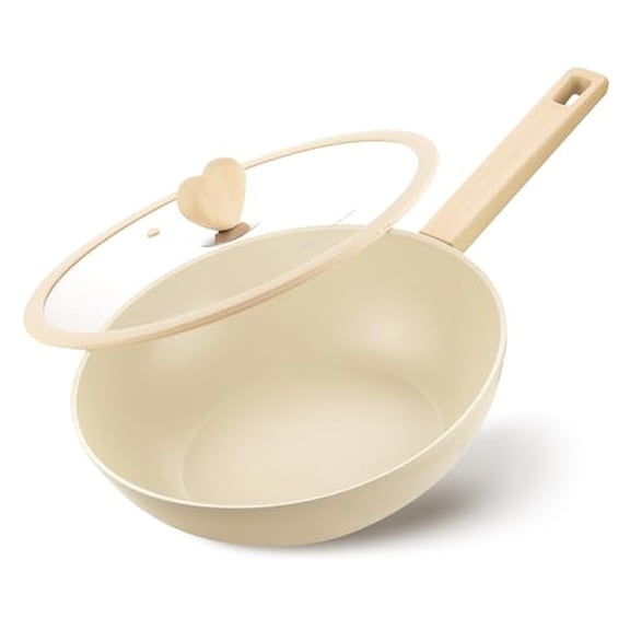 Nonstick Wok Pan with Lid - 5 Quart, Cool-Touch Handles, Induction Compatible Flat Bottom Wok, Cream Interior, 11 Inch Stir Fry Pan