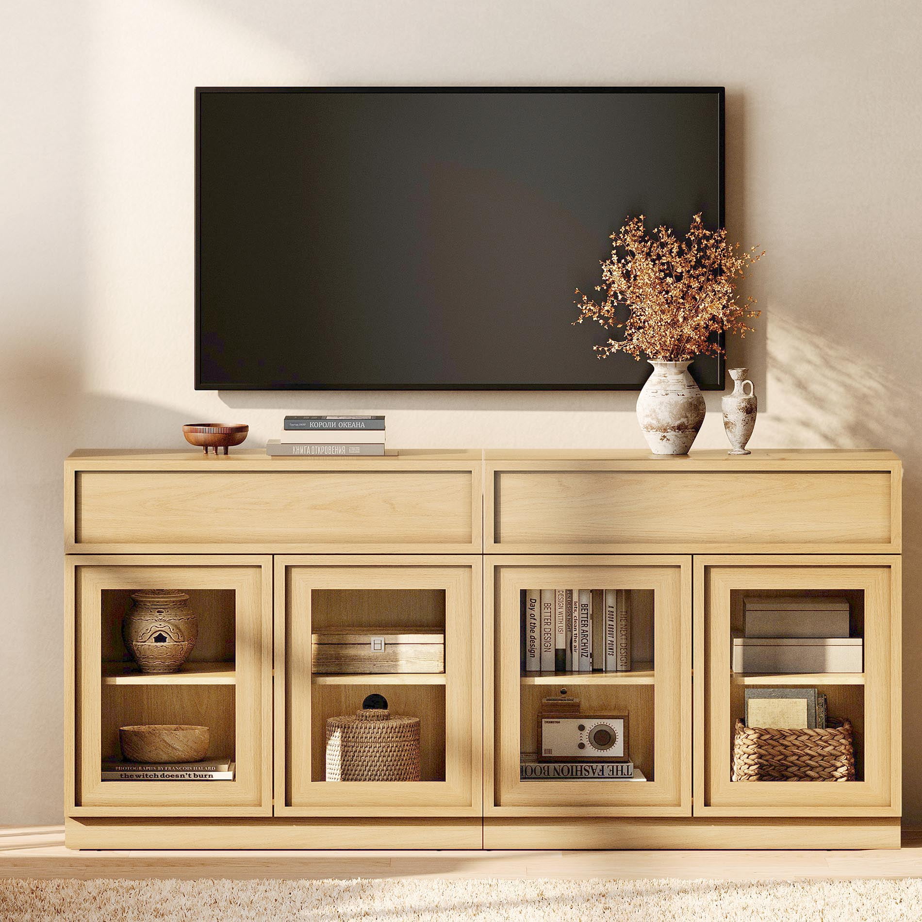 WAMPAT Modern TV Stand for TVs Up to 70", 2-in-1 Entertainment Center TV Console with 4 Doors and Drawer, Wooden Media Console Cabinet with Adjustable Shelf for Living Room, Bedroom, Oak