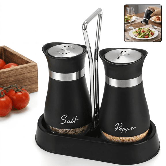 Salt and Pepper Shakers Set with Holder, Stainless Steel Glass Bottom 4oz Containers for Kitchen, BBQ, Camping