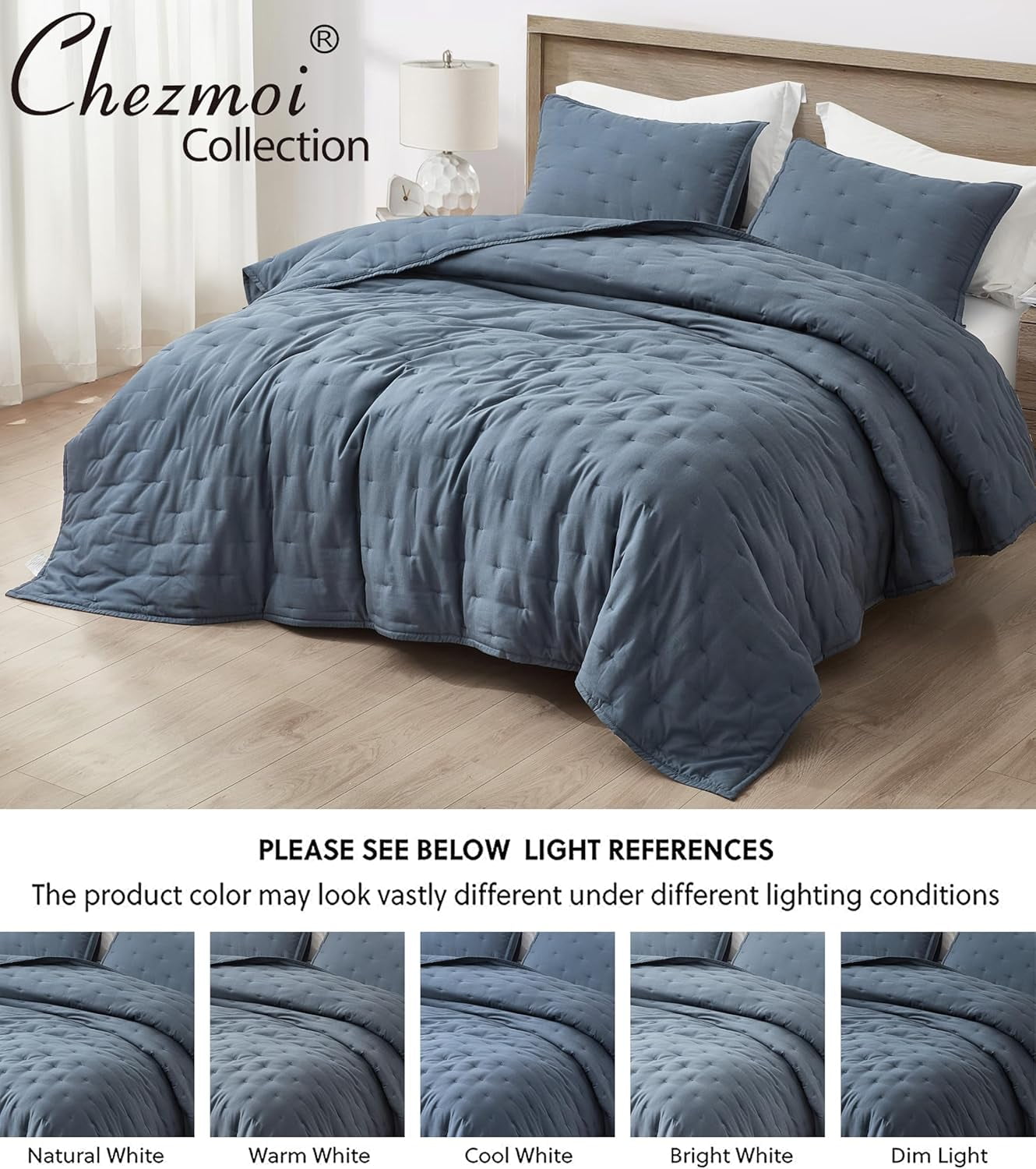 Chezmoi Collection Glen 3-Piece Crescent Stitched Quilt Set, Queen Size, Steel Blue, Rayon Derived from Bamboo & Polyester Blended, Soft Breathable Cooling Bedspread for Hot Sleepers