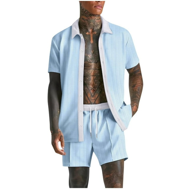Blusa de Manga Corta Hombres de Moda Casual Sólido Turndown Top Blusas Traje Conjunto, Traje de Dos Piezas para Diario Y Casual
