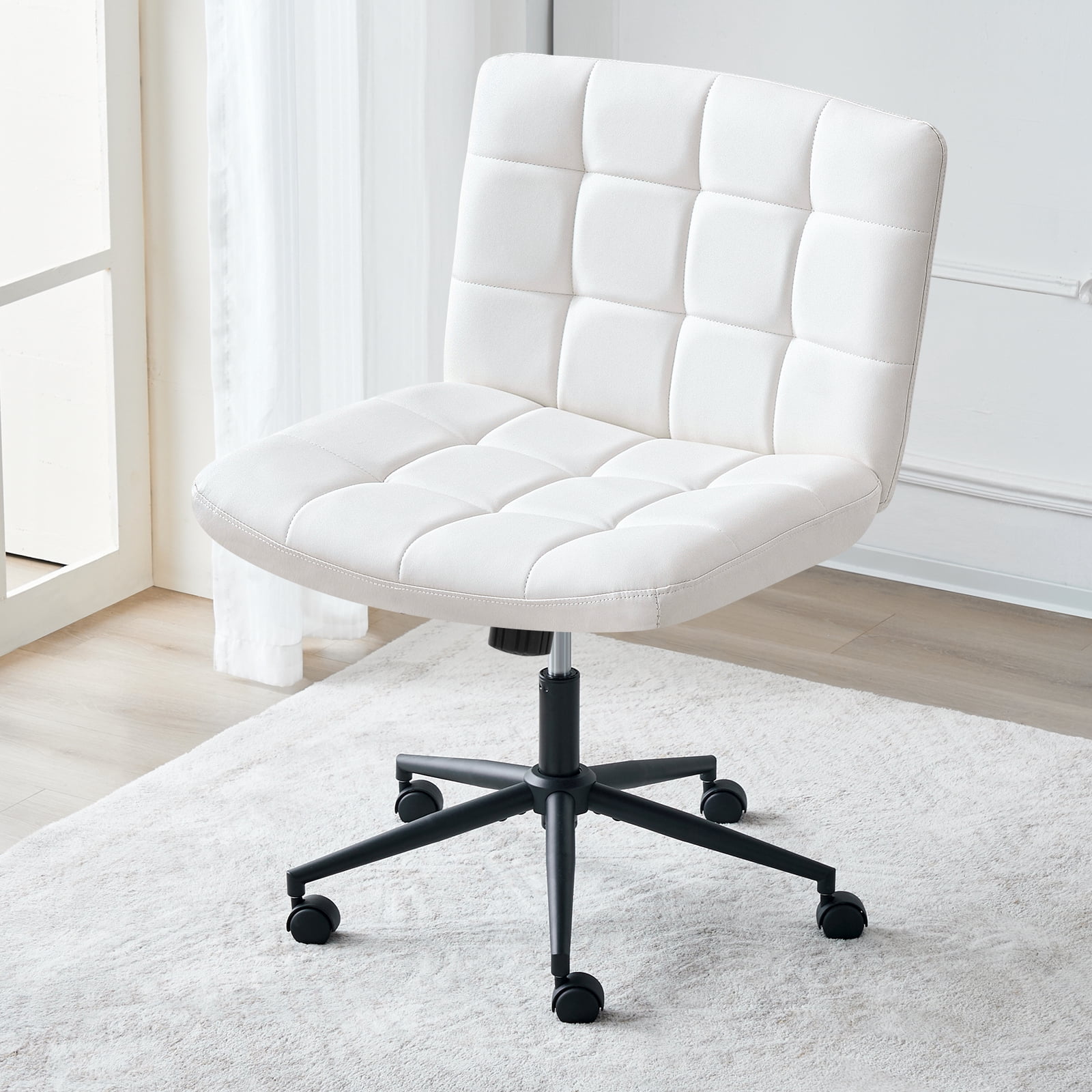 Furniliving Home Office Desk Chairs with Wheels Wide Desk Chair Mid Back Vanity Chair Modern Computer Desk Chair Swivel Accent Chair, PU-Ivorywhite