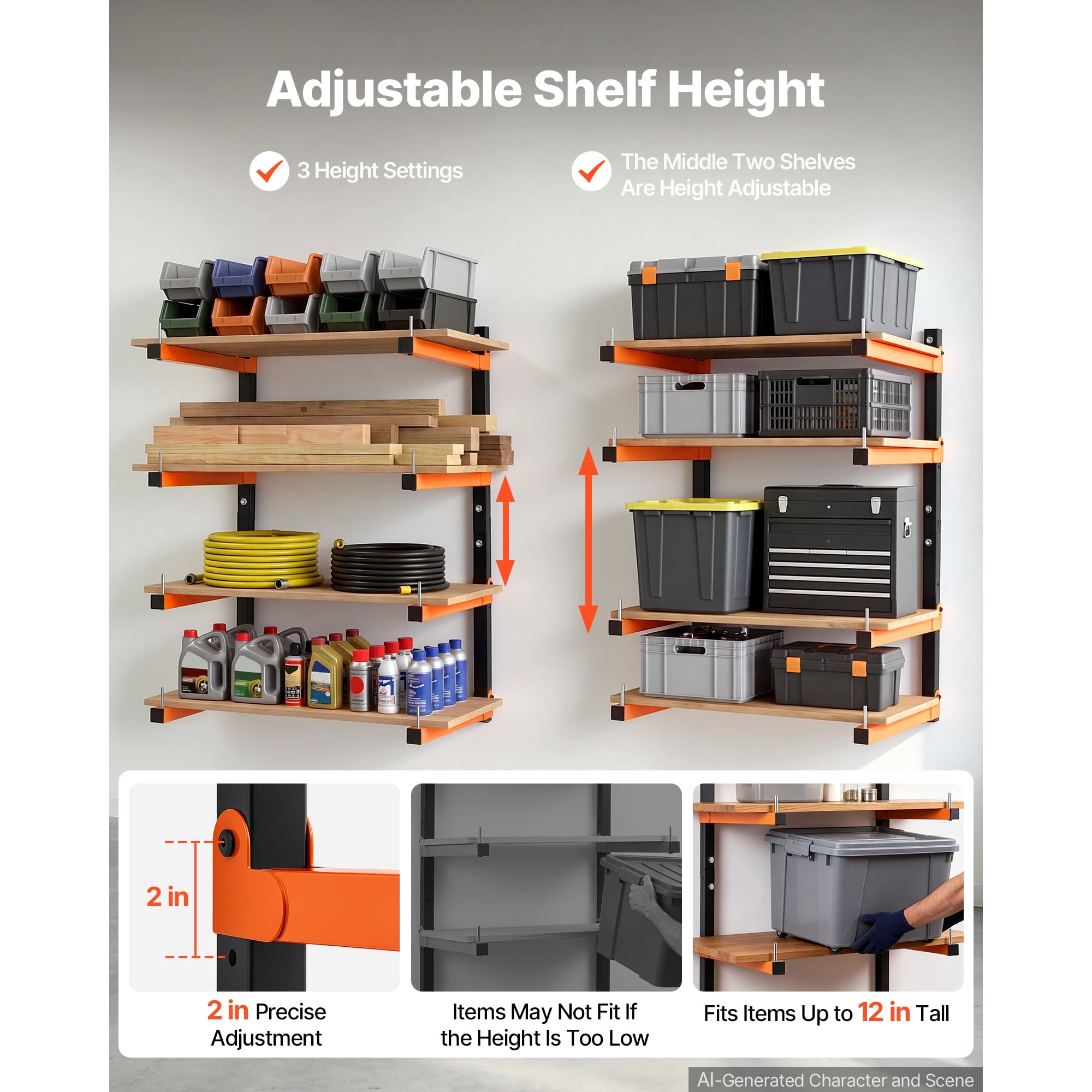 KFFKFF 4-Tier Lumber Rack,4-Pack with 110 lbs Capacity per Tier,Foldable Wall-Mounted Wood Storage for Garages,Workshops,Warehouses,Adjustable Cantilever Arms,Steel Construction,Orange & Black Design