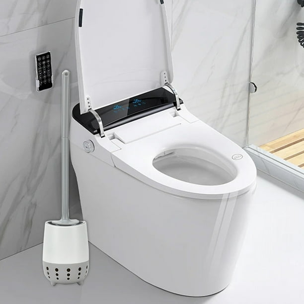 Cepillo para inodoro de esquinas inaccesibles, cepillo de limpieza para baño, cepillo de plástico de cerdas suaves con mango largo para inodoro, juego de cepillos de pared con base y base.