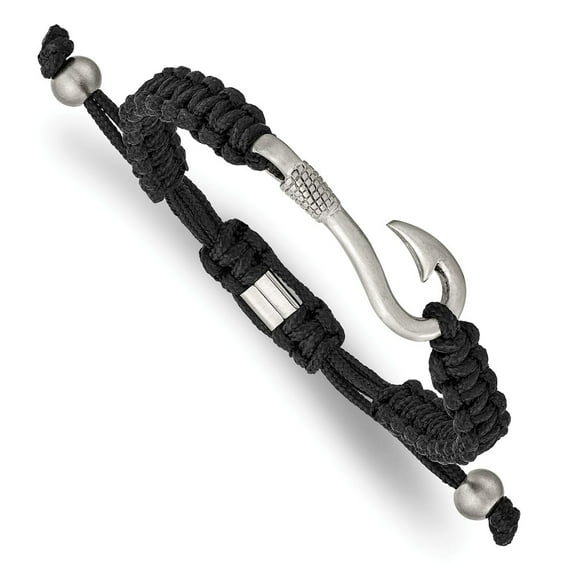 Primal Steel Stainless Steel Brushed Fishing Hook Black Nylon Adjustable Bracelet