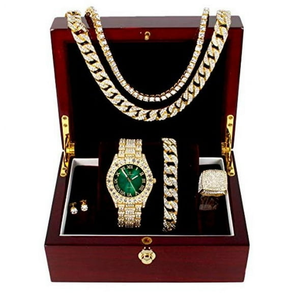 Charles Raymond Blinged Out Fully Iced Out Mens Big Rocks Bezel Money Green Dial with Roman Numerals, Cuban Chain Bracelet, Cuban Necklace, Tennis Chain & Ring - ST10327CRNT (11, Gold - Money Green)