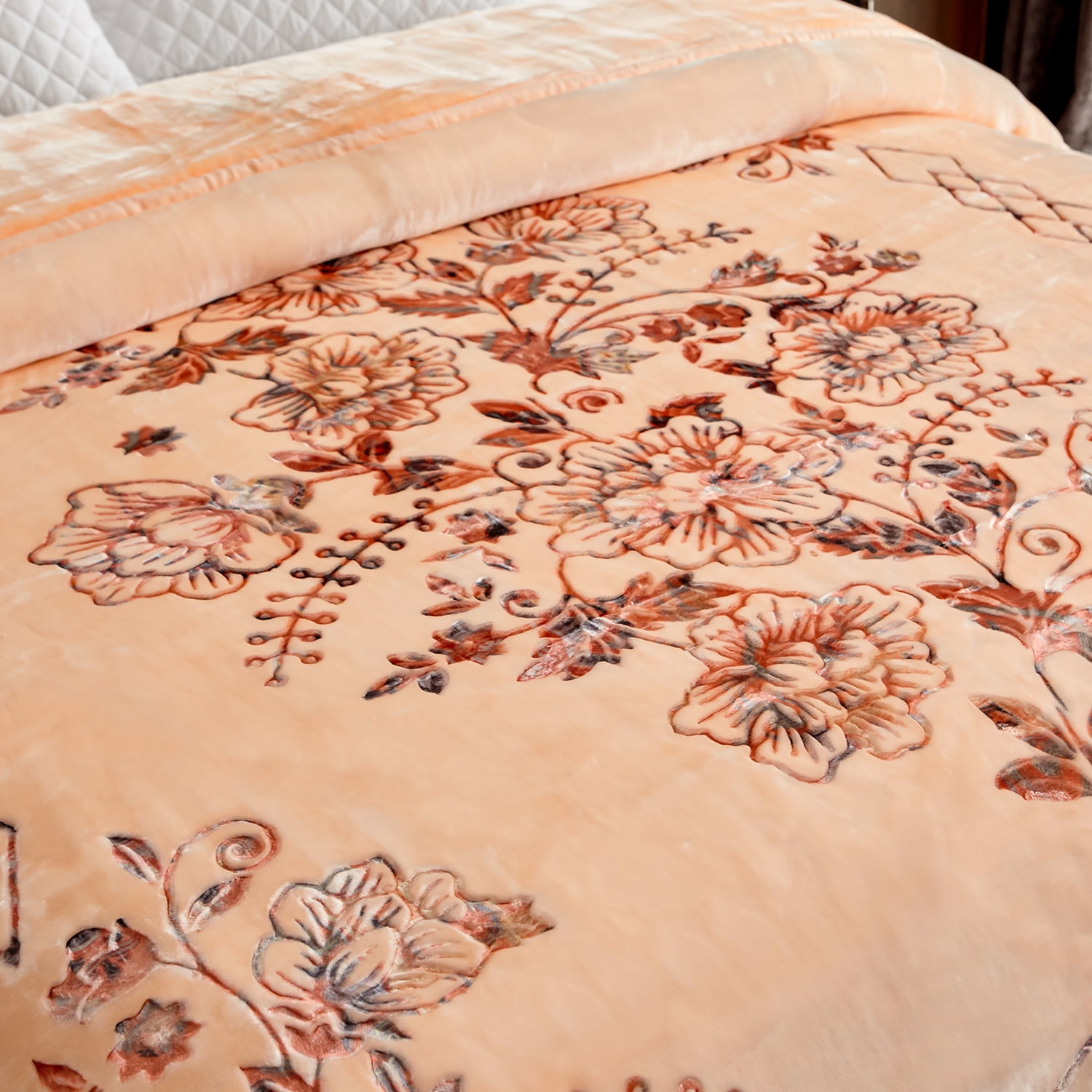 Heavy Thick Fleece Blanket King Size, 10.5lbs,2 Ply A & B Pattern Silky Soft Warm Reversible Raschel Winter Blanket, Minky Soft Plush Blanket for Sofa Bed, 87"x94", Beige Floral