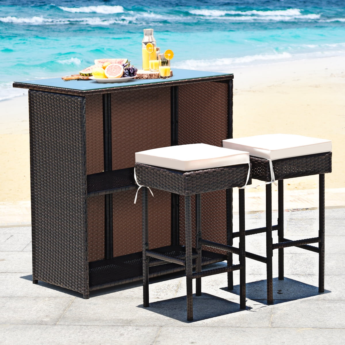 Costway 3pcs Patio Rattan Wicker Bar Table Stools Dining Set Cushioned