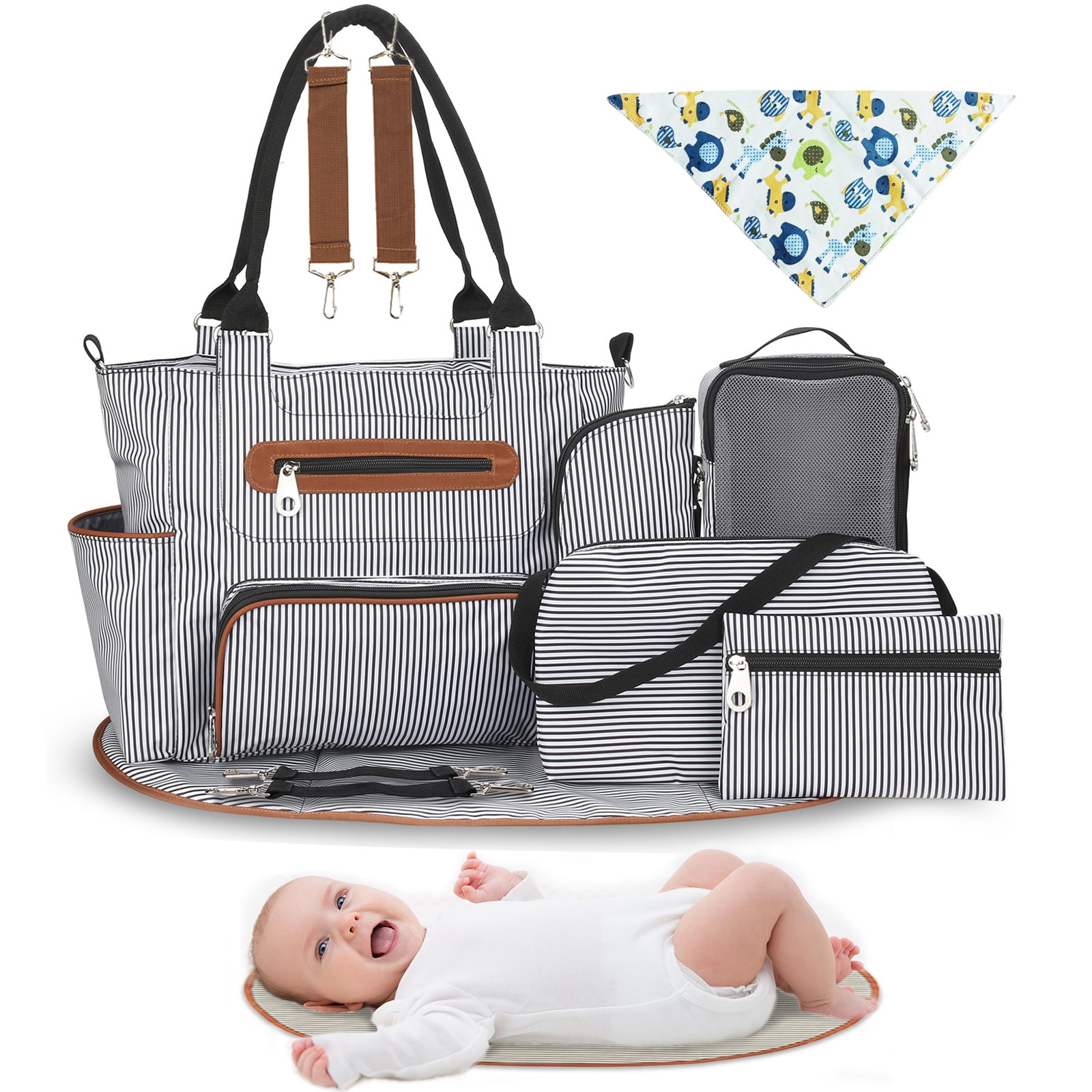 iMounTEK 8PCS Diaper Bag Tote Set, Baby Bags for Mom, Black Stripe