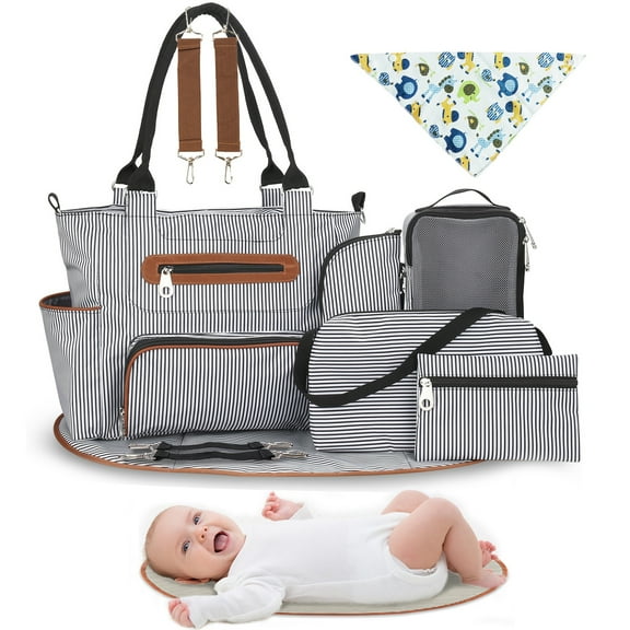 iMounTEK 8PCS Diaper Bag Tote Set, Baby Bags for Mom, Black Stripe