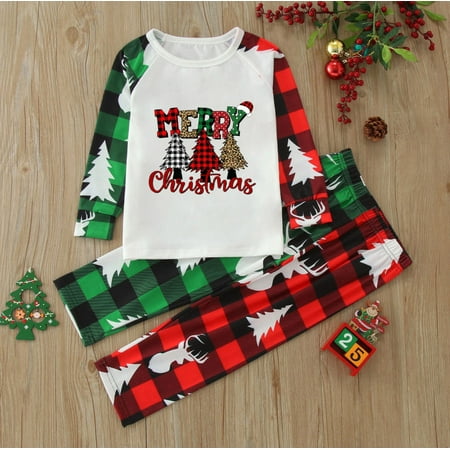 

Leutsin Parent-child Attire Christmas Suits Patchwork Plaid Printed Homewear Round Neck Long Sleeve Pajamas Two-piece Kids Sets