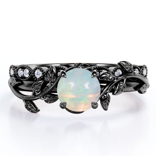 JeenMata Anillo Nupcial con Diseño de Hoja de Rama de Moissanita y Ópalo de Fuego Redondo de 0,65 Quilates Engastado en Solitario con Garras en Baño de Oro Negro de 18 K sobre Plata