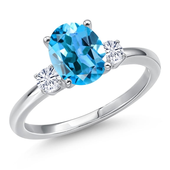 Gem Stone King 14K White Gold Swiss Blue Topaz and White Moissanite Engagement Ring for Women | 2.45 Cttw | Oval 9X7MM | Gemstone November Birthstone | Size 5