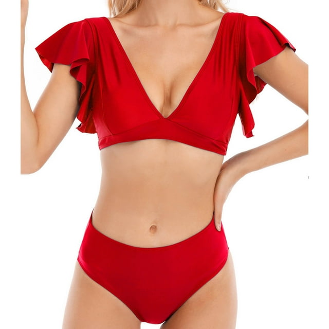 Matching Family Swimsuits Women's Solid Color Fashion Casual High Waist Ruffled Edge Split Bikinis Sets