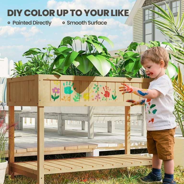 Outsunny Raised Garden Bed 43x18x30in, 8 Pockets, Shelf, Elevated