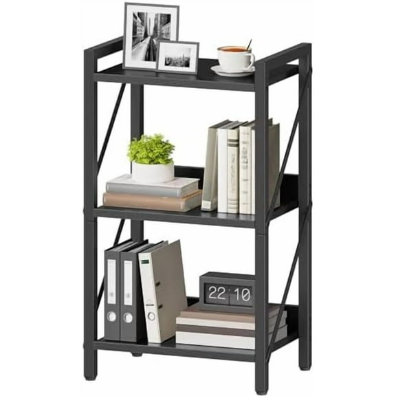 Bookshelf, 3-Tier Industrial Bookcase, Book Shelf Storage Organizer, Small Bookshelf with Metal Frame for Living Room, Bedroom, Home Office, Kitchen, Black