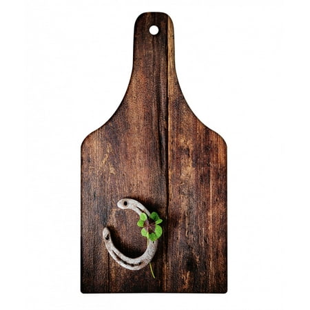 Clover Cutting Board, Rusty Horseshoe Shamrock on Weathered Wooden Backdrop, Decorative Tempered Glass Cutting and Serving Board, in 3 Sizes, by Ambesonne