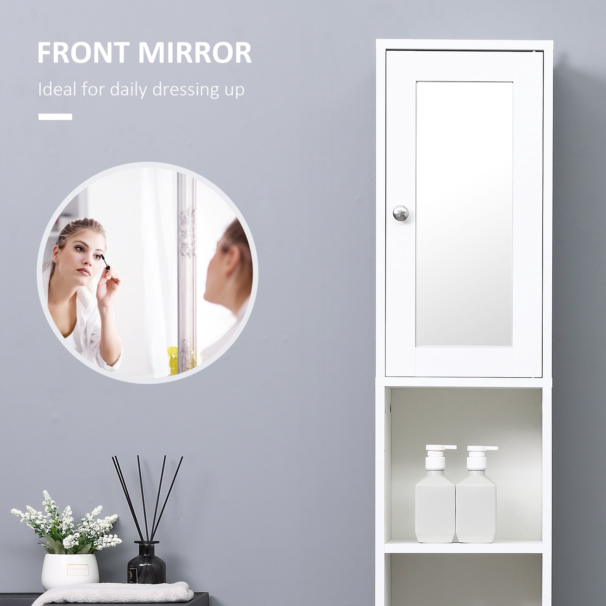 HOQBN Tall Bathroom Storage Cabinet with Mirror, Wooden Freestanding Tower Cabinet with Adjustable Shelves for Bathroom, Living Room White
