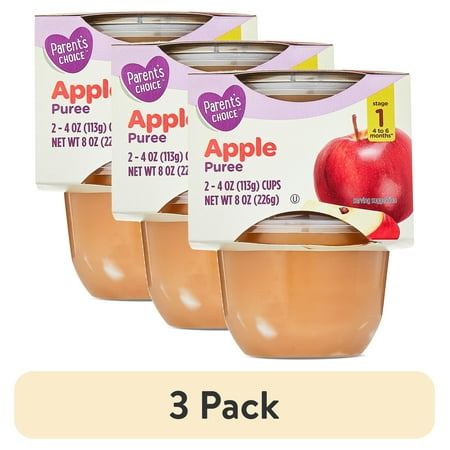 (3 pack) Parent's Choice Stage 1 Baby Food Apple Puree, 4 oz Cups, 2 Pack