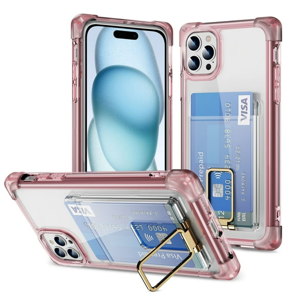 Wallet Case for iPhone 16 Pro Max, with Card Holder Slot Built-in Kickstand Shockproof Slim Hard Back Cover Soft TPU Bumper Translucent Clear for iPhone 16 Pro Max, Pink