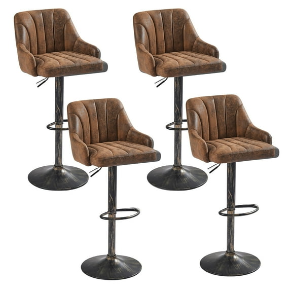 VECELO Set of 4 Bar Stools, Faux Leather Adjustable Swivel Counter Height Barstools with Backrest and Armrest, Dark Brown