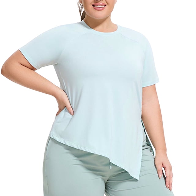 Tamaño Más Suelto para las Mujeres Color Sólido Cuello Redondo Manga Corta Suelto Tops Ropa de Yoga Camisa