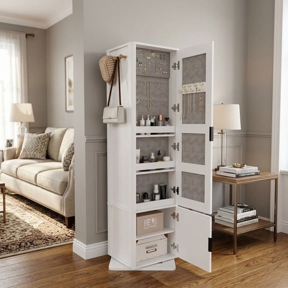 HAOMINS 4-in-1 Jewelry Cabinet, 360° rotatable Standing Jewelry Organizer with Full Length Mirror, Coat Rack & 4 Open Shelves for Bedroom