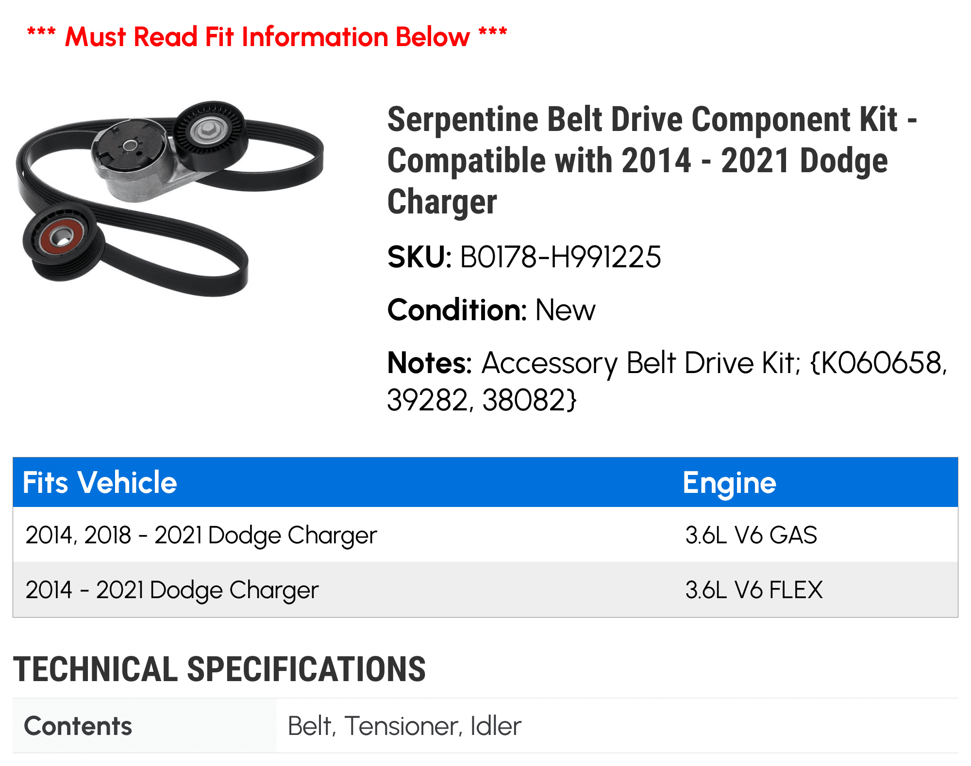 Serpentine Belt Drive Component Kit - Compatible with 2014 - 2021 Dodge Charger - Gates