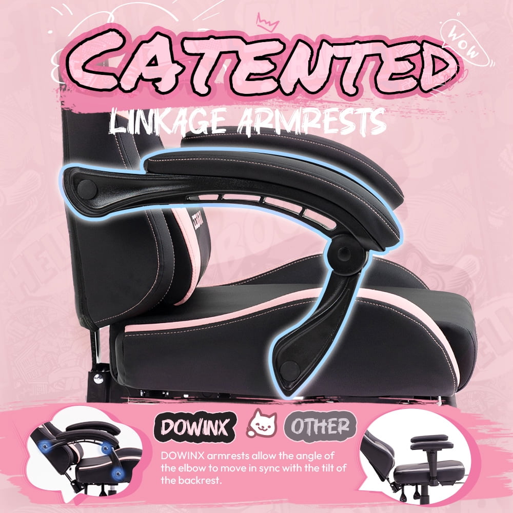 KARXAS Adult Cat Leather PC Gaming Chair with Massage Lumbar and Footrest,  Black and Pink