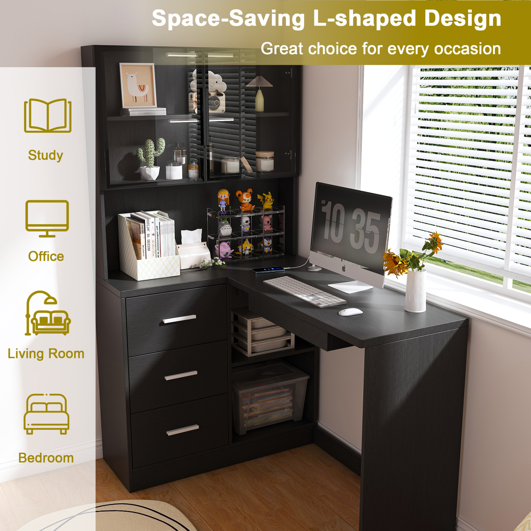 L Shaped Desk with LED Lights and Charging Ports, Corner Computer Desk with Keyboard Tray, Glass Cabinets and 3 Drawers for Home Office, Black